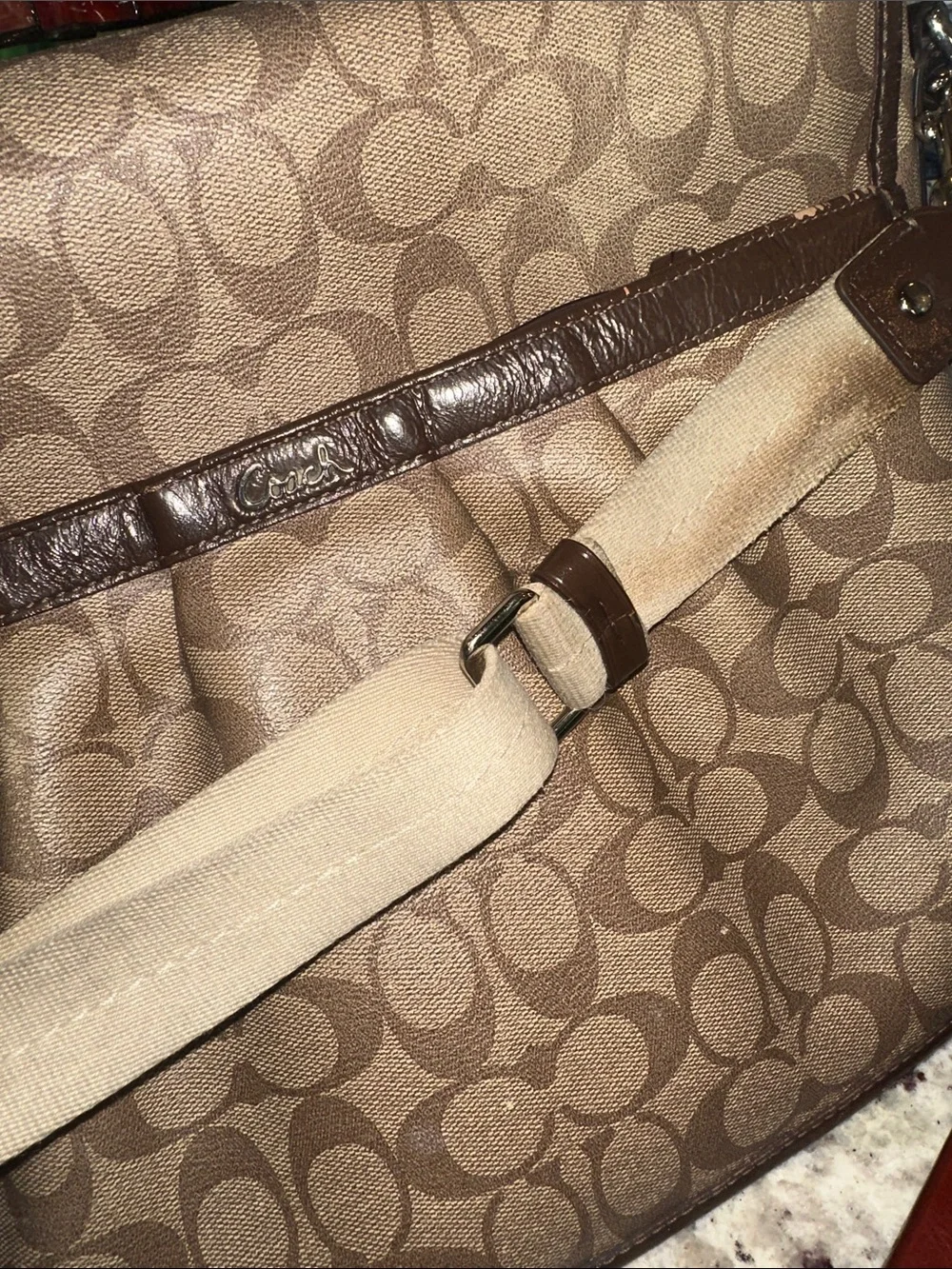 Coach Beige & Brown Signature Messenger Crossbody Baby Bag
